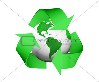 recycle icon is covering a green and white earth