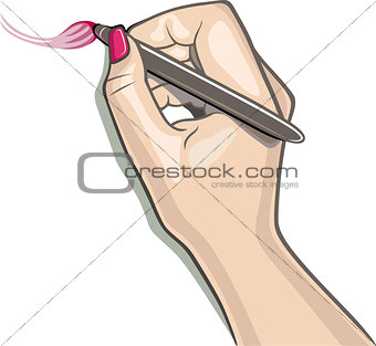 Hand using stylus draws a brush sketch