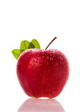 fresh apple with water droplets and grren leaves in background