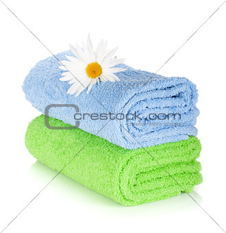 Blue and green towels and camomile flower