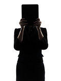 business woman hiding computer computing  digital tablet silhoue