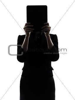 business woman hiding computer computing  digital tablet silhoue