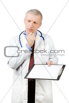 Mature doctor with blank sheet of paper