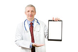 Senior doctor holding blank sheet of paper