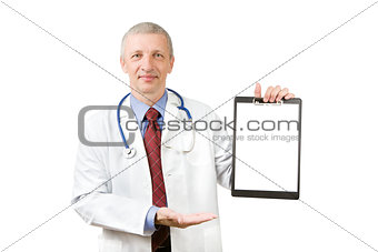 Senior doctor holding blank sheet of paper