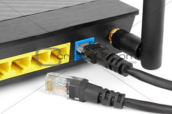 Closeup of network cables connected to router