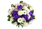 Bouquet of white roses, white gerbera daisies and violet orchid.