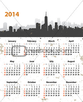 2014 year stylish calendar on cityscape grunge background