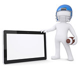 3d man in a football helmet holds tablet