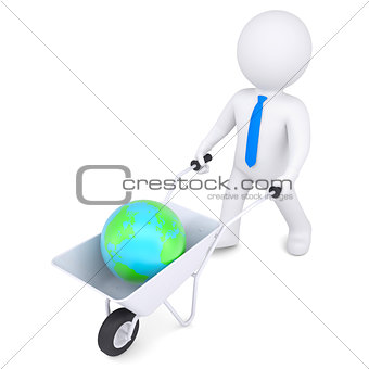3d white man carries a wheelbarrow of earth