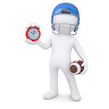 3d man in football helmet holds red alarm clock