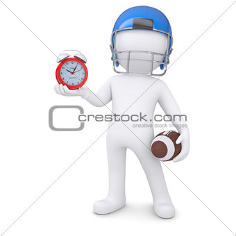 3d man in football helmet holds red alarm clock