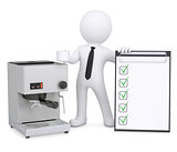 3d white man with coffee machine and checklist