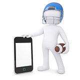 3d man in a football helmet holds smartphone