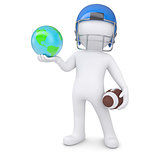 3d man in a football helmet holds the earth