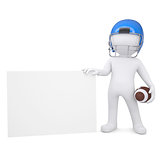 3d man in a football helmet holds blank card
