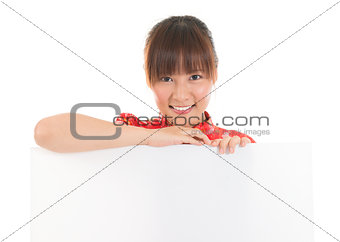 Chinese Asian woman and blank card