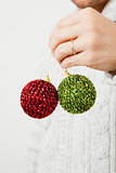 Green and red Christmas baubles
