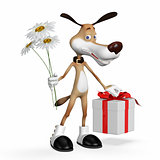 Illustration a dog with flowers and a gift.