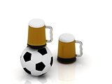 Mug of dark cold beer on a soccer ball 
