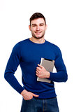 Man holding a computer tablet isolated on white background