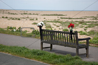 Empty bench with flowers on Kent coast