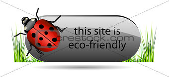 Eco button with ladybug and green grass.