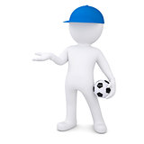 3d white man with soccer ball holds out empty hand