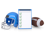 Checklist, football helmet and ball
