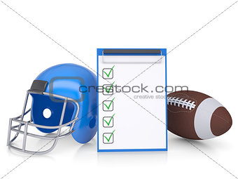 Checklist, football helmet and ball