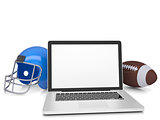 Laptop, football helmet and ball