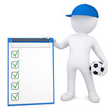 3d white man with soccer ball and checklist