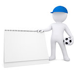 3d white man with soccer ball and desktop calendar