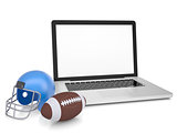 Laptop, football helmet and ball