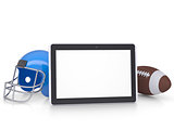 Tablet PC, football helmet and ball