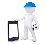 3d white man with soccer ball holding smartphone
