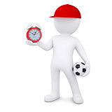 3d white man with soccer ball and alarm clock