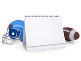 Desktop calendar, a football helmet and ball