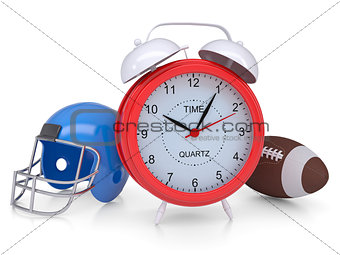 Alarm clock, football helmet and ball