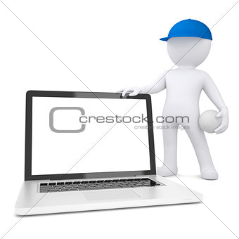 3d white man with volleyball ball holding laptop
