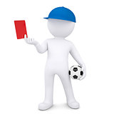 3d white man with soccer ball shows red card