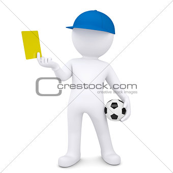 3d white man with soccer ball shows yellow card