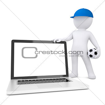3d white man with soccer ball holding laptop