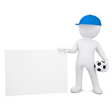 3d man with soccer ball hold blank business card