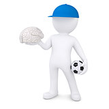 3d white man with soccer ball and the brain