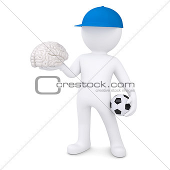 3d white man with soccer ball and the brain
