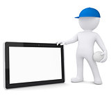 3d man with volleyball ball holding tablet pc