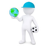 3d white man with soccer ball holding the Earth