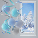 blue christmas balls in an environment of ribbons on a window background