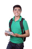 Asian man holding a digital touch screen tablet computer on white background.